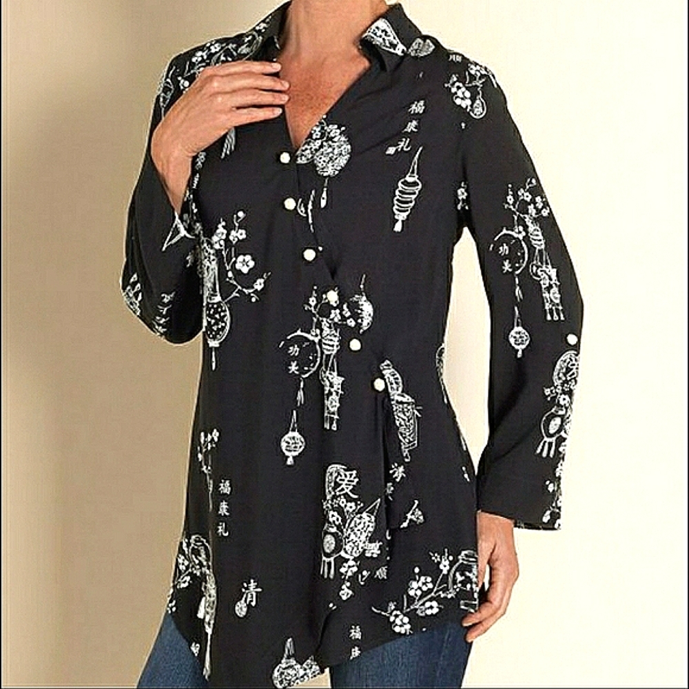 Soft Surroundings Pagoda Oriental Asian asymmetrical Black Goth tunic blouse